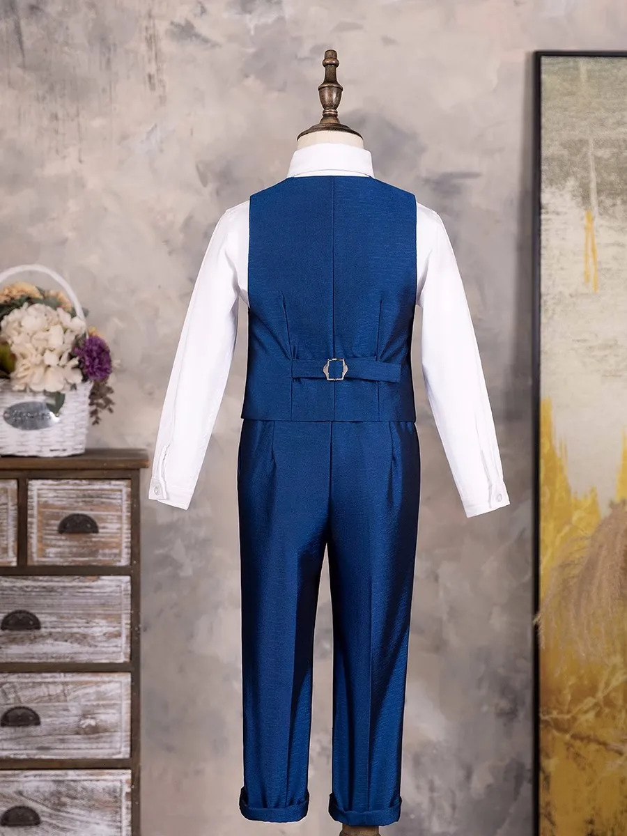 Children Shiny Blue Suit For Wedding Boys Formal Ceremony Tuxedo Dress Teenager Kids Pograph Blazer Party Performance Costume 240626