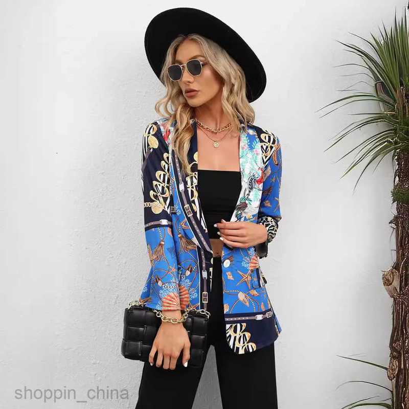 fashion Women Jackets Coats Women's autumn and winter printed collar button up long sleeved jacket