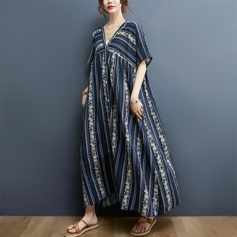 Summer oversized women's printed retro knee length dress with artistic loose V-neck dress