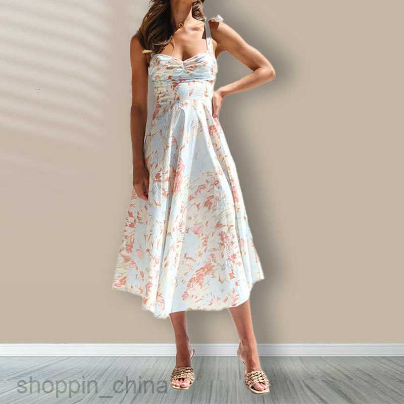 Basic Casual Dresses Women Summer Women's Slim Fit Slim Waist V-neck Hanging Strap Printed Mid length Dress for Woman