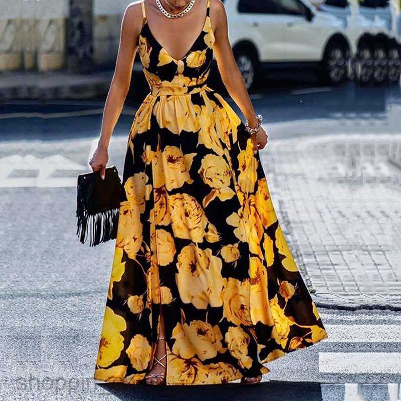 Basic Casual Dresses Women Summer printed waist tied skirt for women's clothing V-neck low cut party hem dress 661