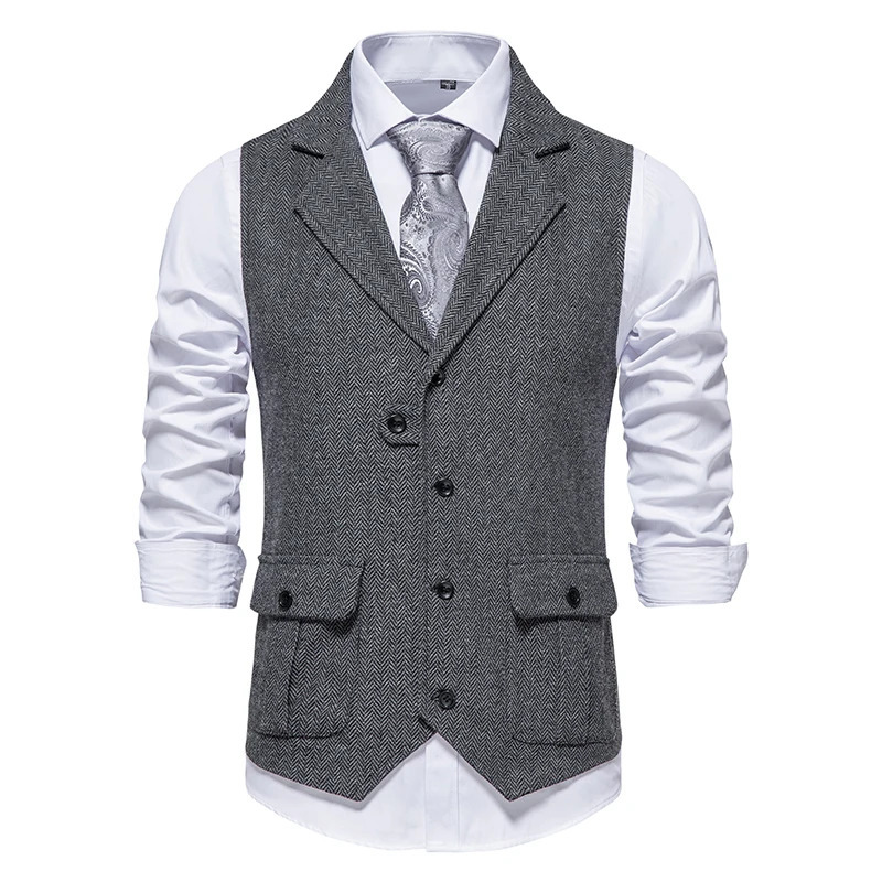 Men Suit Vest Herringbone Fabric Waistcoat Business Wedding Casual Turndown Collar Mens Dress Blazer Vests Formal Party V07 240615