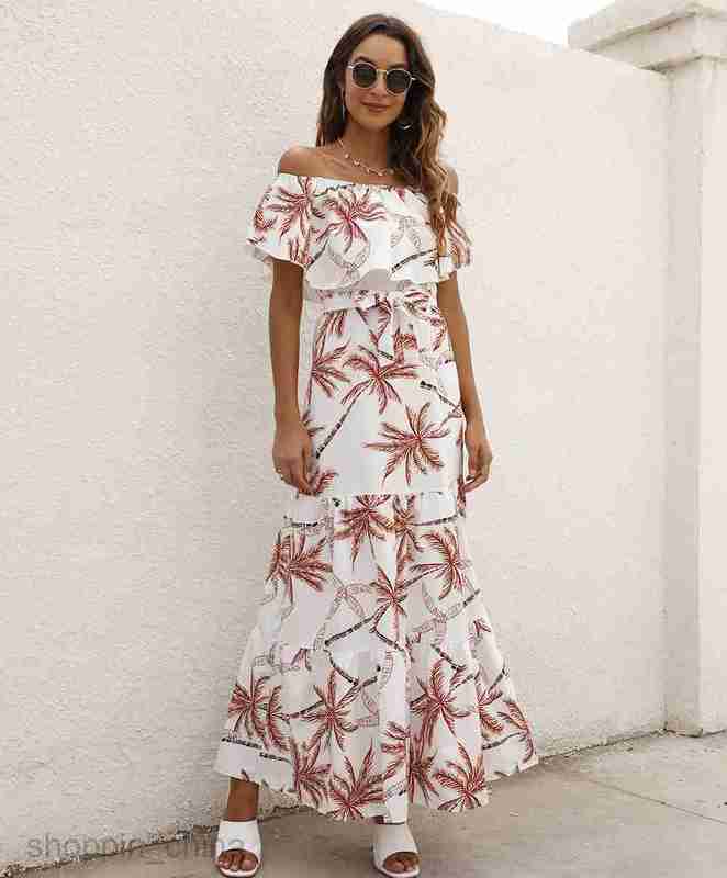 Basic Casual Dresses Women Dress Summer women's printed one neck Ruffle Dress