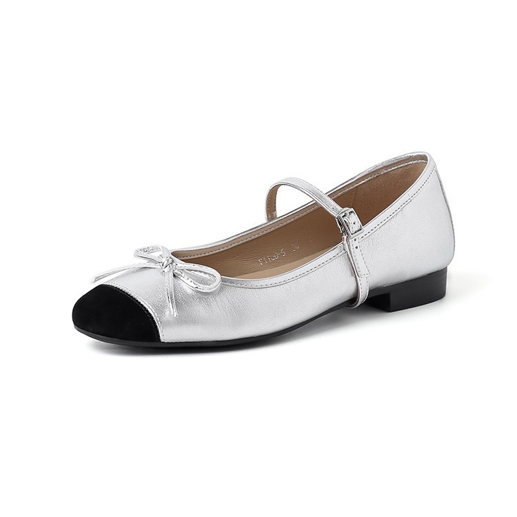 Straight with little red shoes bow shallow single shoes women's spring 2024 new flat Mary Jane ballet shoes