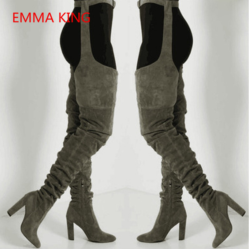 Fashion Buckle Belted Over The Knee Women Winter Autumn Chunky Heels Pants Thigh High Boots Ladies Shoes