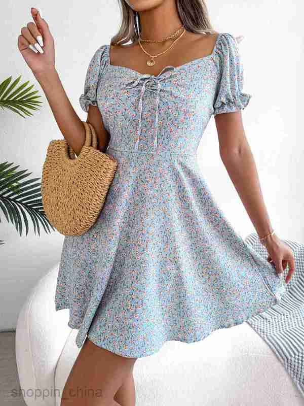 Women Casual Dresses fashion dress style spring and summer leisure horn sleeve drawstring lace up floral big swing dress women