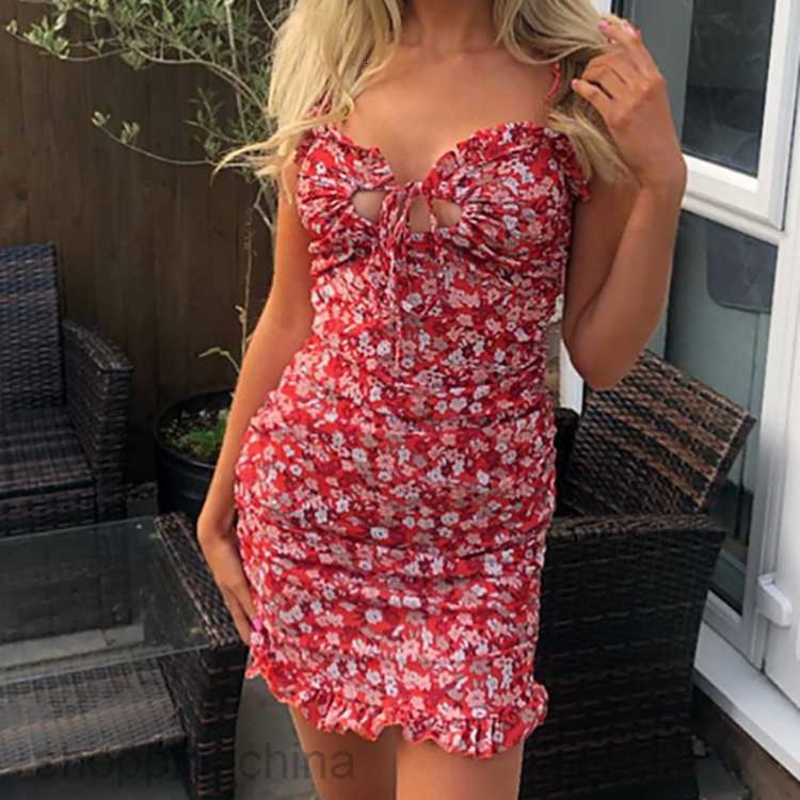 Basic Casual Dresses Women New Women's Fashion Elegant Print V-neck Lace up Short Sleeve Slim Fit Dress 661