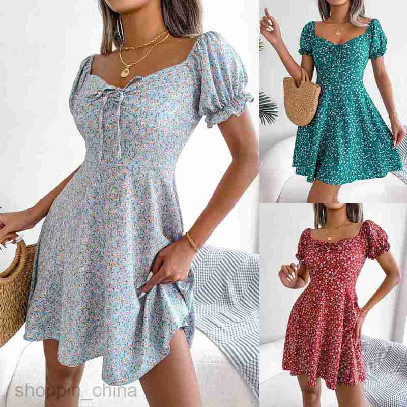 Women Casual Dresses fashion dress style spring and summer leisure horn sleeve drawstring lace up floral big swing dress women