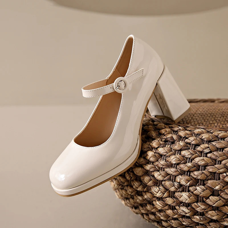 red Thick Heels Mary Jane Shoes Women Buckle Strap Square Toe Pumps Woman Med Heele pu Leather Shoes Female 240627