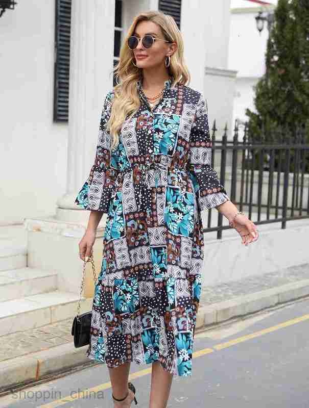 Basic Casual Dresses Women Dress Women's autumn and winter print lace up medium length long-sleeved dress