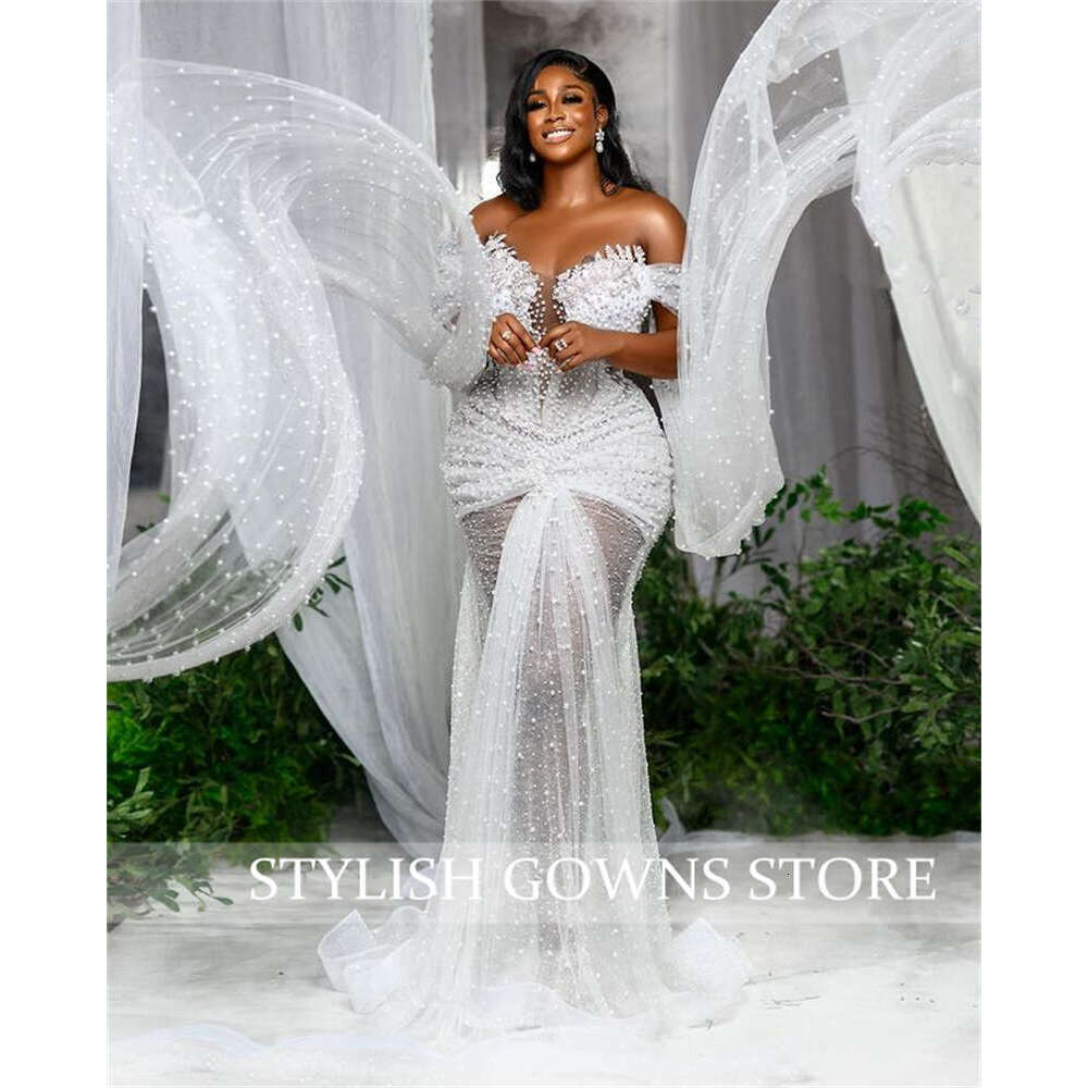White African Off The Shoulder Wedding Dresses For Women Full Pearls Bride Evening Dress Appliques Mermaid Formal mal