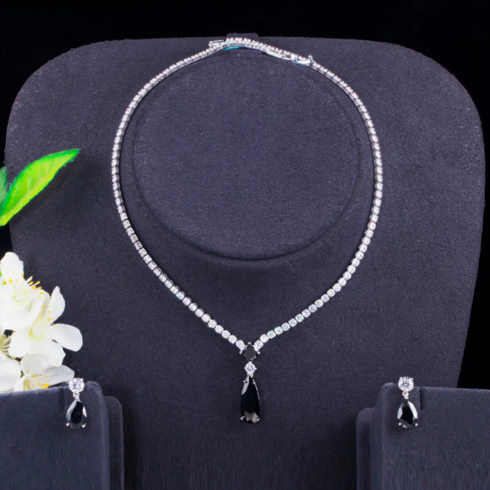 Pera Trendy Mystic Purple CZ Crystal Water Drop Pendant Necklace and Earrings Bridal Wedding Jewelry Sets for Brides Party J429 240627