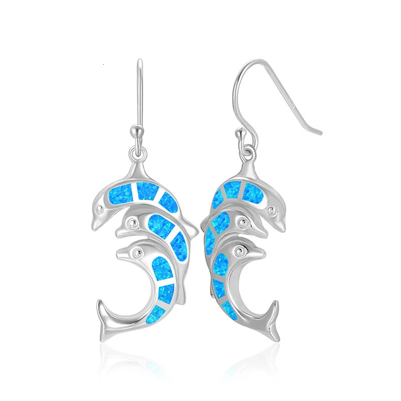 MYOP Real 925 Sterling Silver Female Cute Dolphin Drop Earrings Blue Fire Opal Stone Animal Earrings Charm Earrings For Women 240627