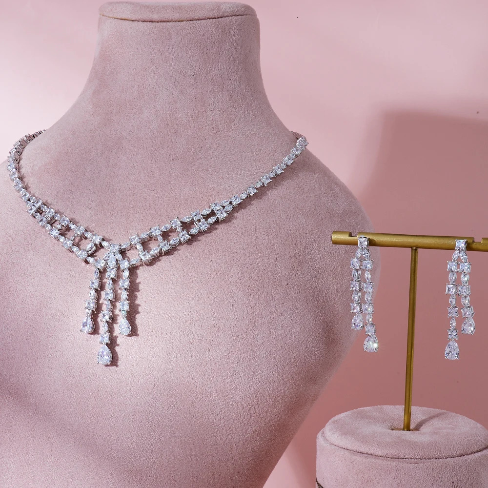 INJEWELIFE Tassel Pendant Necklace and Earrings For Womens Trendy Cubic Zirconia Jewelry Set Dubai Saudi Party Bridal Jewellery 240627