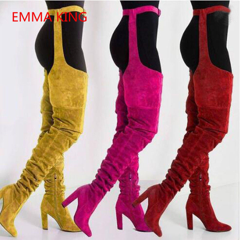 Fashion Buckle Belted Over The Knee Women Winter Autumn Chunky Heels Pants Thigh High Boots Ladies Shoes