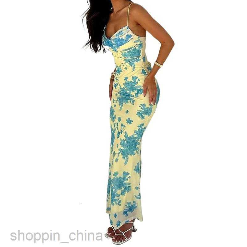 Basic Casual Dresses Women Summer New Style Tie up Long Skirt Fragmented Flower Slim Fit Bag Hip Print Pocket Neck Hanging Strap Dress Women's Cl
