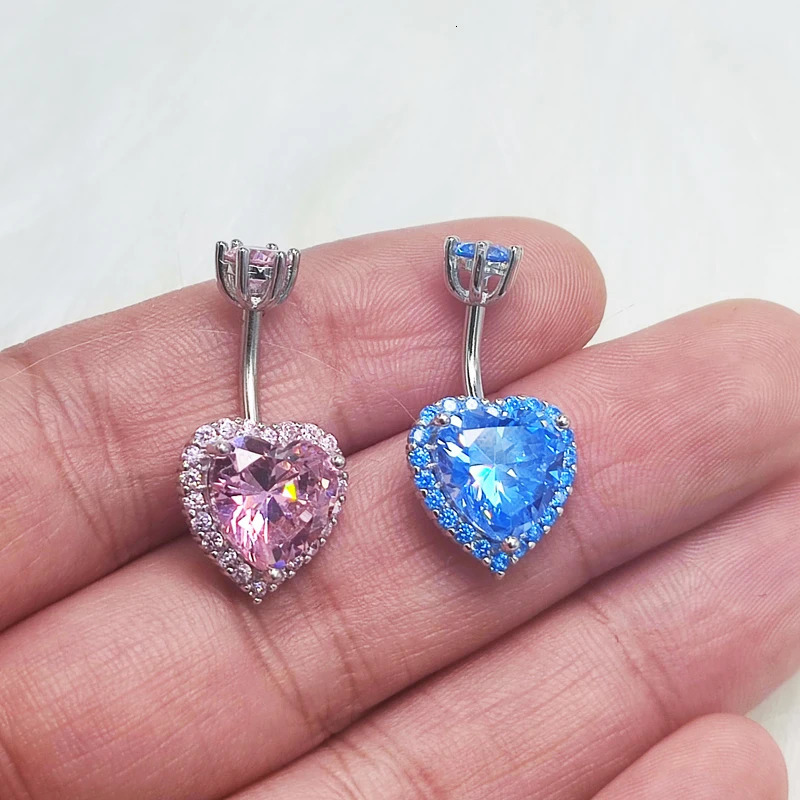 925 Sterling Silver Heart Belly Button Rings for Women Blue Pink CZ Navel Barbell Studs Screw Navel Bars Body Piercing Jewelry 240626