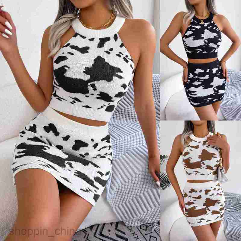 women Two Piece Dress Sets Wind Spring Summer Fashion Cow Pattern Open Umbilical Top Wrapped Hip Skirt Set Women's Wear