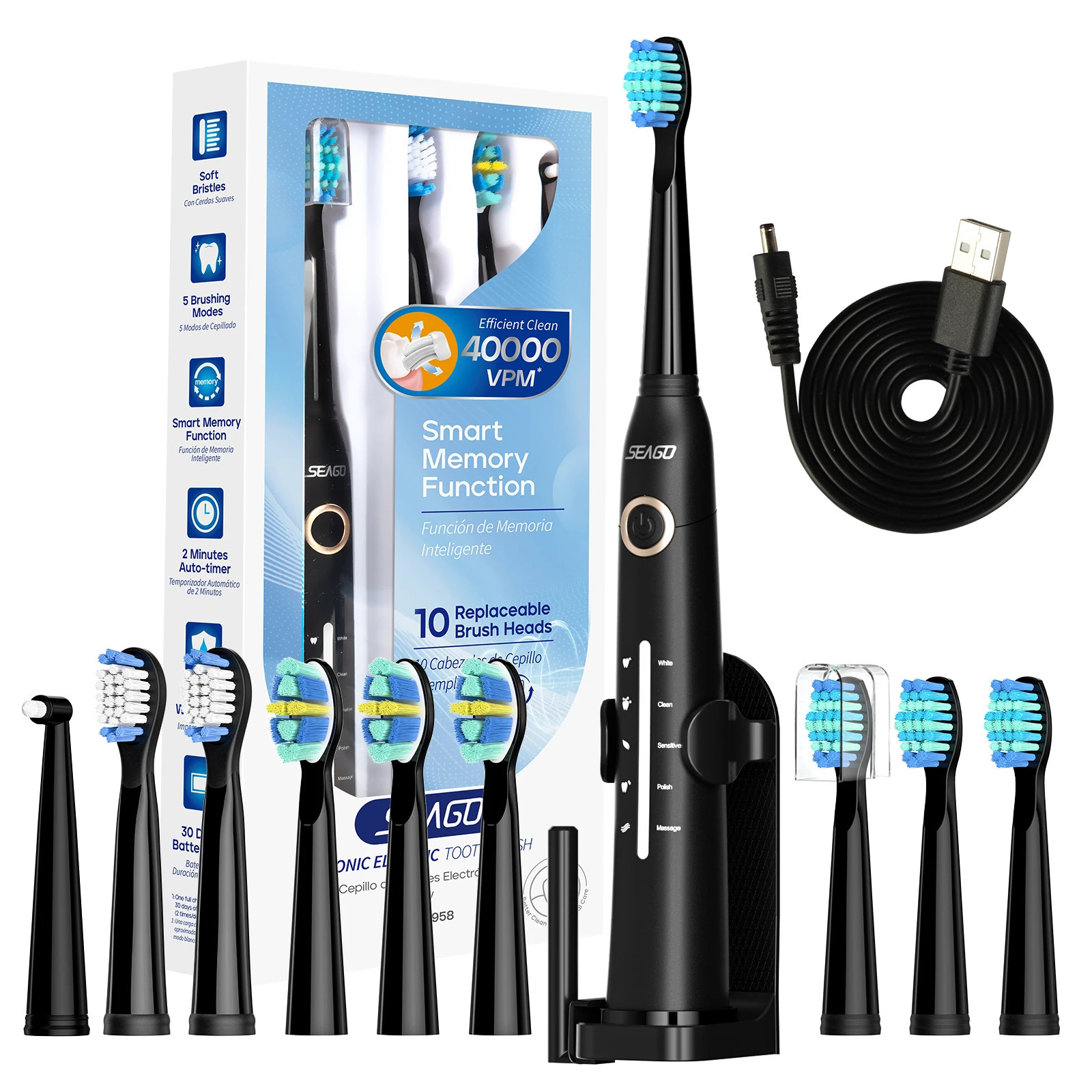 Seago Sonic Electric Toothbrush Tooth brush USB Rechargeable Adult Ultrasonic Teeth Cleaning 10 Replacement Toothbrush Heads 240627