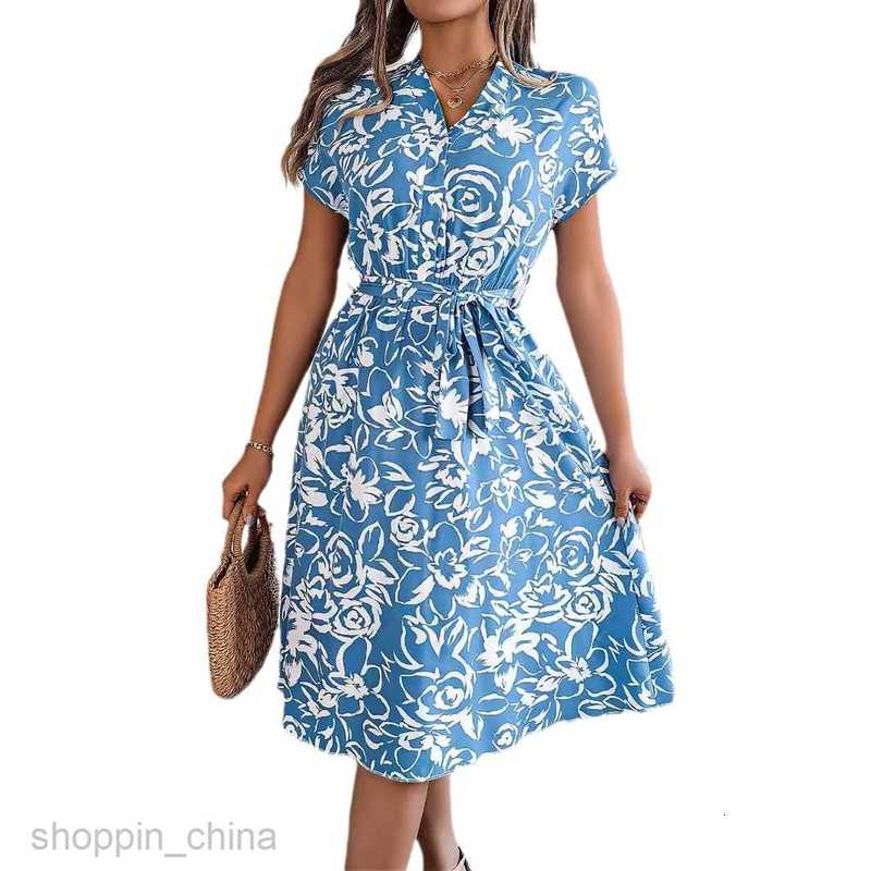 Women Casual Dresses fashion dress Spring/Summer Leisure V-neck Button Bat Sleeve Flower Flare Dress for Women