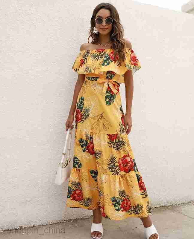 Basic Casual Dresses Women Dress Summer women's printed one neck Ruffle Dress