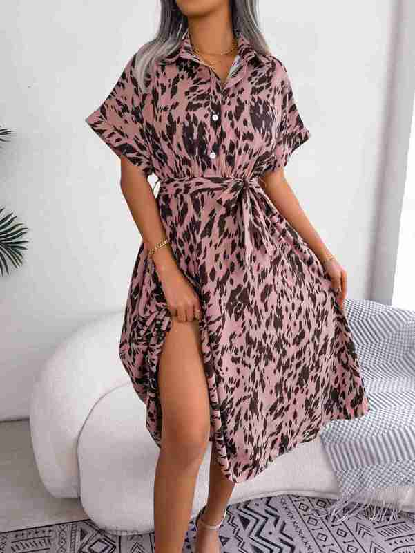 Women Casual Dresses fashion dress Spring/Summer Casual Loose Leopard Pattern Lace up Shirt Skirt for Women