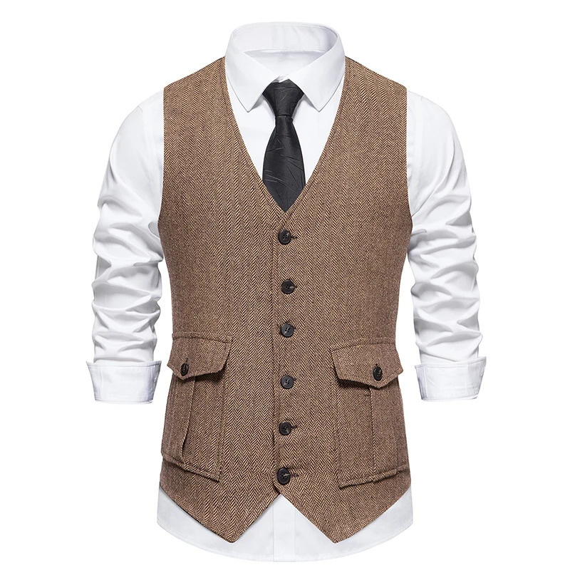 Men Suit Vest Herringbone Fabric Waistcoat Business Wedding Casual V Neck Mens Formal Party Dress Blazer Vests V12 240615