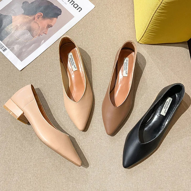 Woman Elegant Spring Pointed Toe Concise Female Shoes Black Breathable Shallow 3CM High Heel Comfortable Fetish Retro Loafers 240627