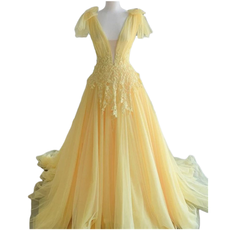 Light Yellow Tulle A-Line Evening Dresses Straps Sleeveless Long Prom Dress Court Train Lace Appliques V-neck Backless Formal Gowns For Women 2024