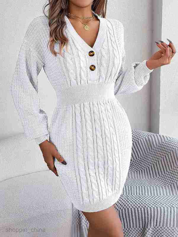 Women Casual Dresses fashion dress Autumn and winter button V-neck Fried Dough Twists lantern sleeve buttocks wool dress for women