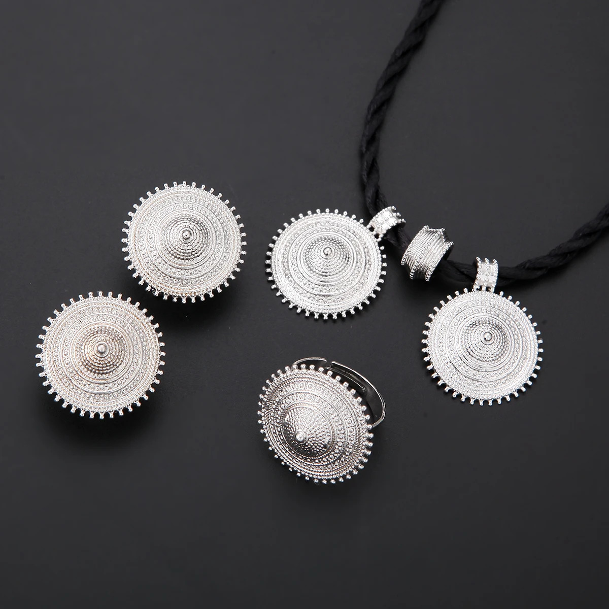Silver Gold Color Ethiopian Fashion Rope Necklace Pendant Earrings Ring Habesha Wedding Jewelry Sets 240627