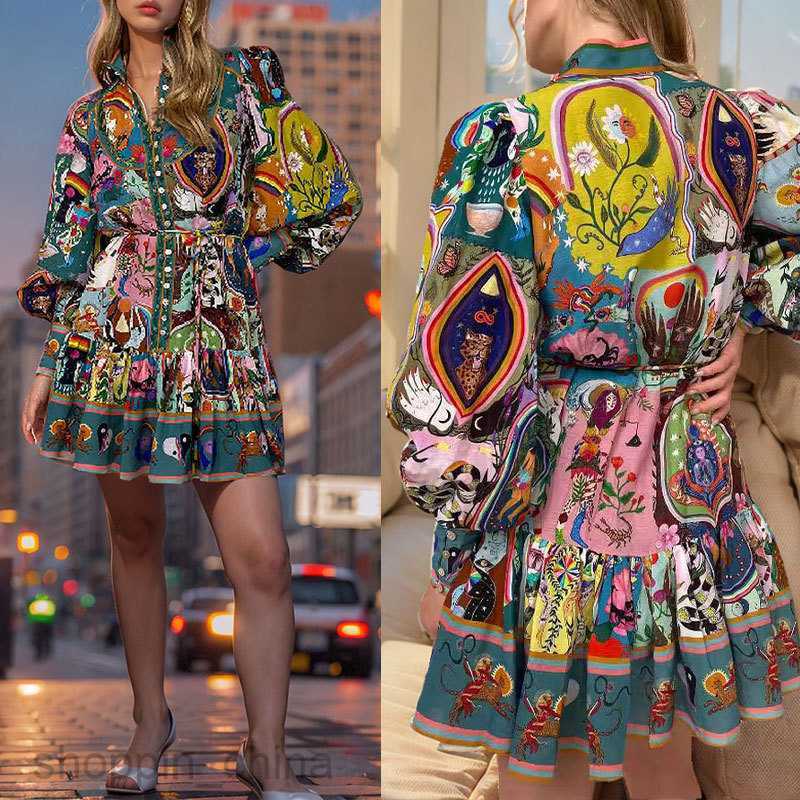 Basic Casual Dresses Women Summer Women's Long sleeved Printed Ruffle Edge Colored Loose Short Dresses for Women