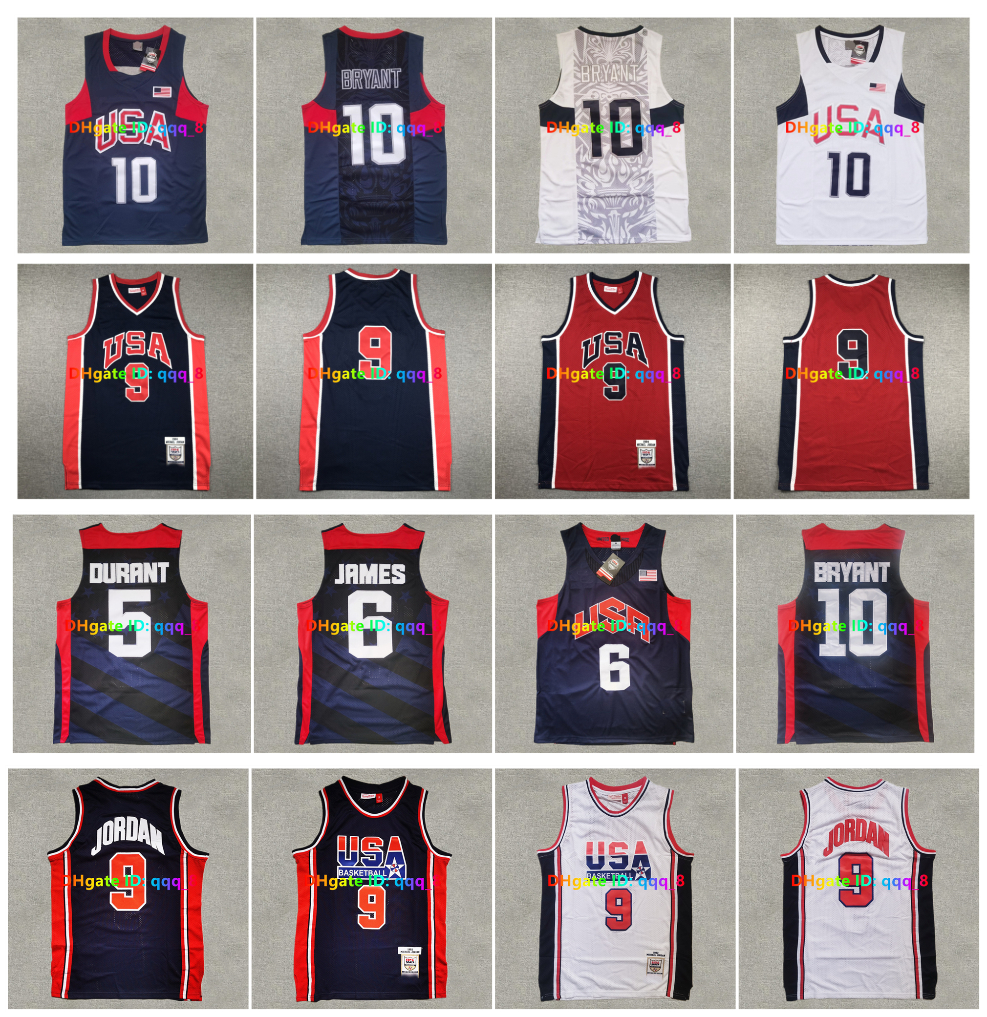 1992 Team USA 10 Bryant Authentic Throwback Basketball Jersey 9 Michael Jor dan Men's T-Shirt Black Mamba Kevin Durant James basket maillot White Blue Size S-XXL