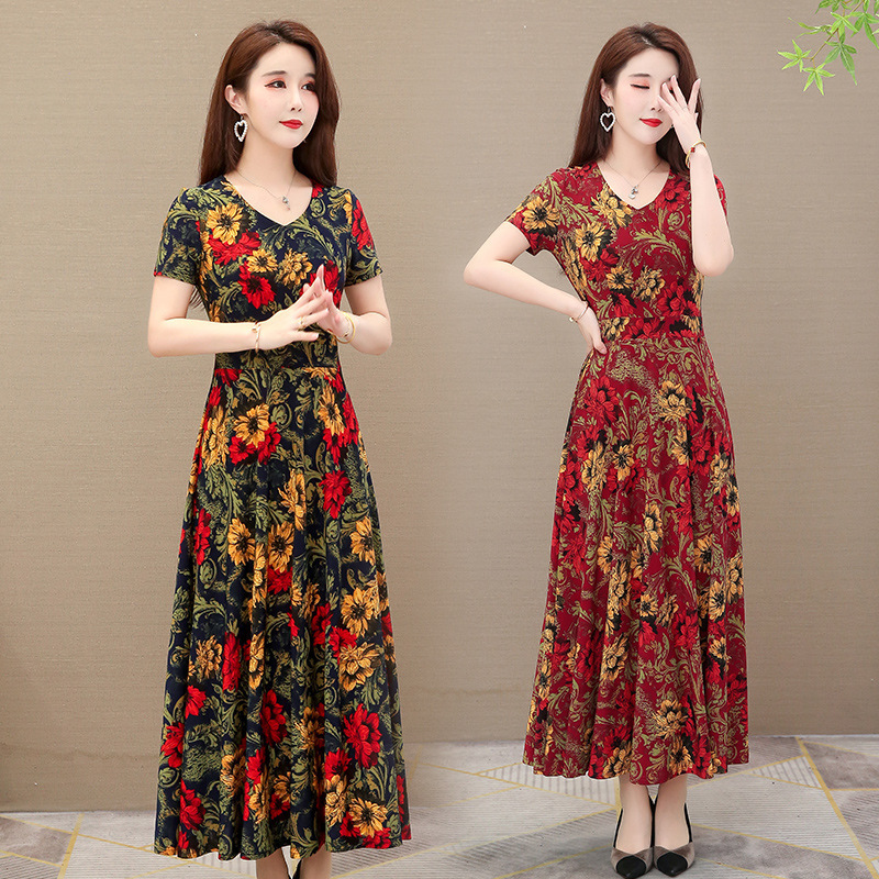 loose and elegant dress for women's new style for mothers, slim decoration, printed long skirt