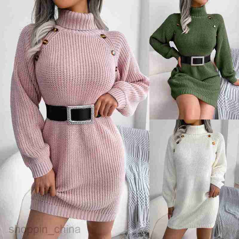Women Casual Dresses fashion dress Autumn and winter casual button high neck long sleeve bottomed wool dress women's wear