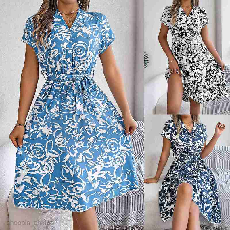 Women Casual Dresses fashion dress Spring/Summer Leisure V-neck Button Bat Sleeve Flower Flare Dress for Women