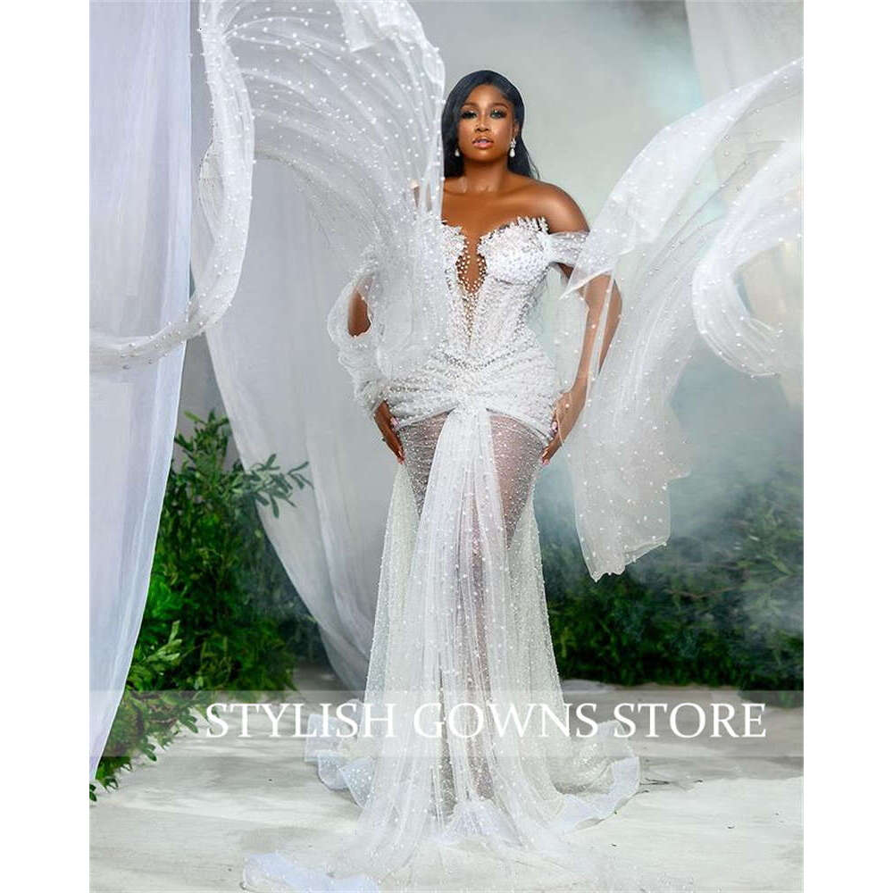 White African Off The Shoulder Wedding Dresses For Women Full Pearls Bride Evening Dress Appliques Mermaid Formal mal
