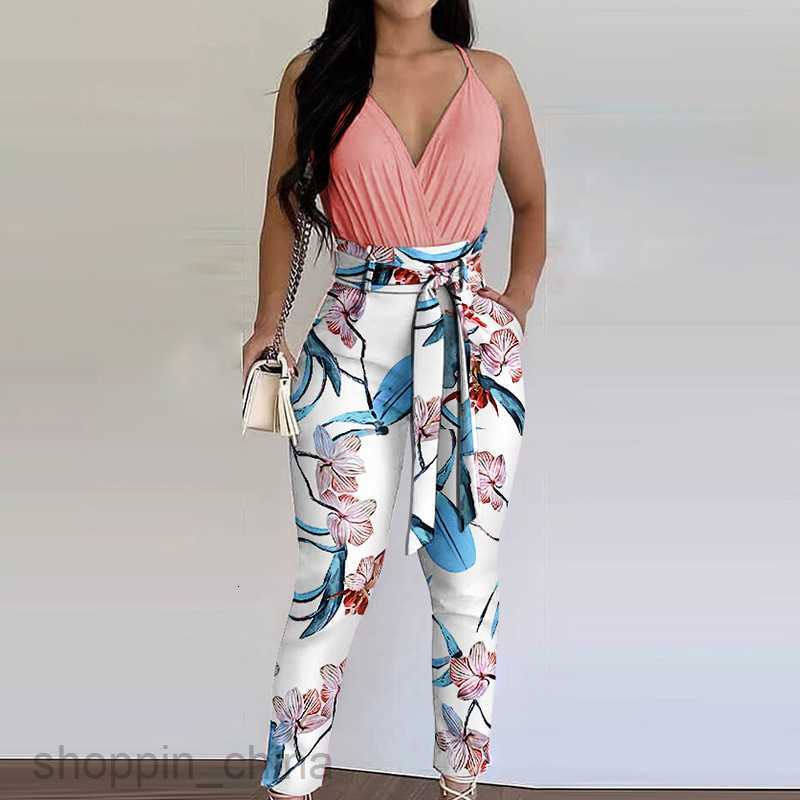 Women Two Piece Sets Pants Summer Women's Fashion Style Sling V-neck Top Lace up Pants Set Women's Two Piece Set 661