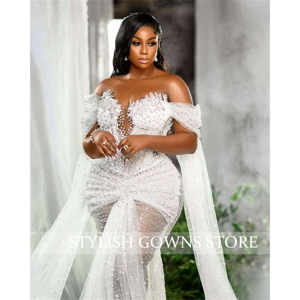 White African Off The Shoulder Wedding Dresses For Women Full Pearls Bride Evening Dress Appliques Mermaid Formal mal