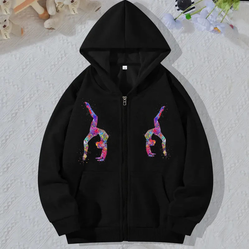 Black Zip Up Hoodie Long Sleeve Korean Hooded Sweatshirt for Women Watercolor Gymnastics Print Harajuku Sudaderas Mujer 240627