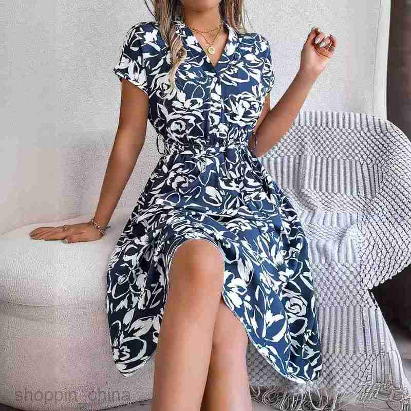Women Casual Dresses fashion dress Spring/Summer Leisure V-neck Button Bat Sleeve Flower Flare Dress for Women