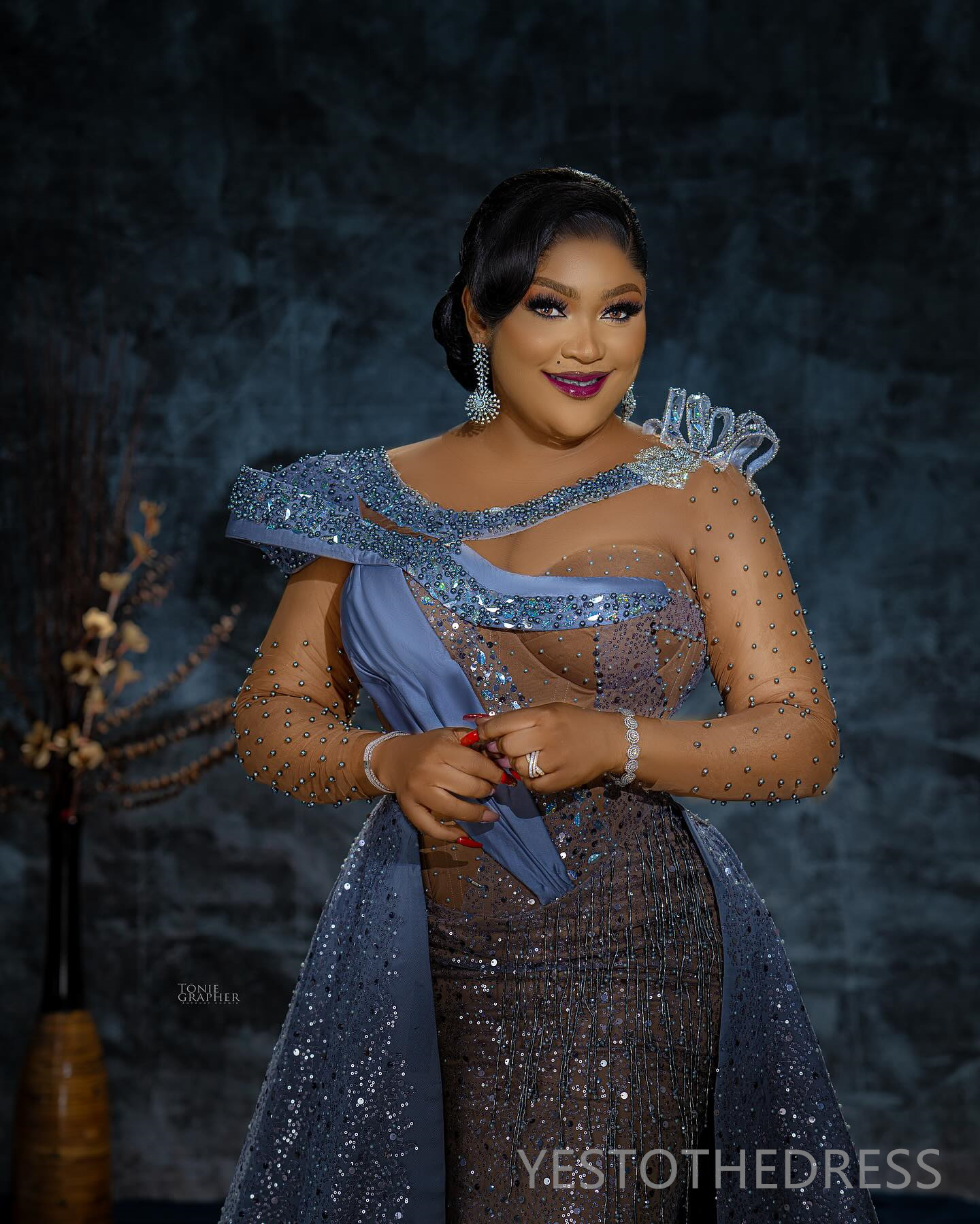 R&W 2024 Plus Size Blue Prom Dress With Detachable Train Mermaid Promdress Evening Formal Long Sleeves Sheer Neck Sequined Lace Beading Reception Gown