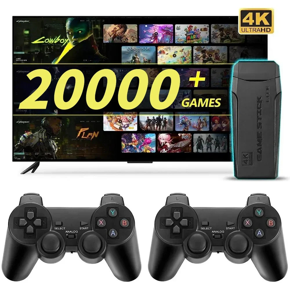4k Game Stick TV Video Game Console 20000 Games Emuelec 9 Classic Emulator Retro Gaming Machine Dual Wireless Gamepad Control 240621