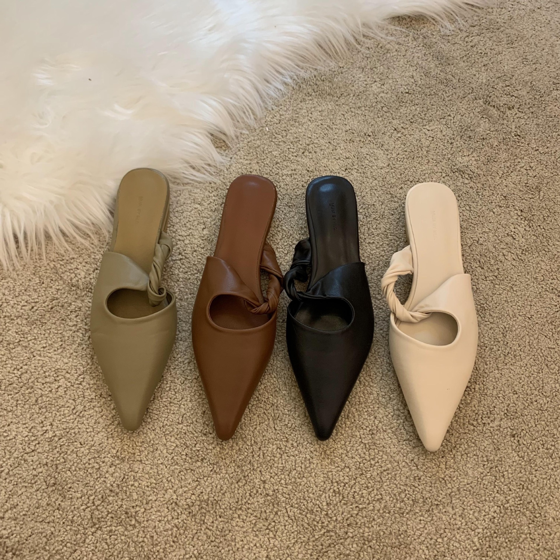 2024 spring new niche design soft-soled semi-toe low-heeled slippers for women to wear French temperament versatile shoes White