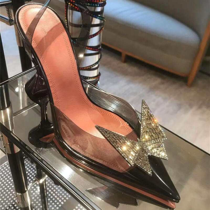 2024 Crystal High Heels Women Rhinestone Bow Pointed Toe Transparent Stiletto Sandals Kq8