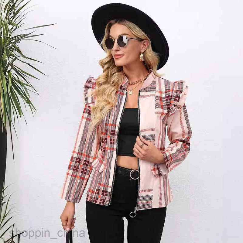 fashion Women Jackets Coats Women's autumn and winter printed zippered round neck long sleeved jacket