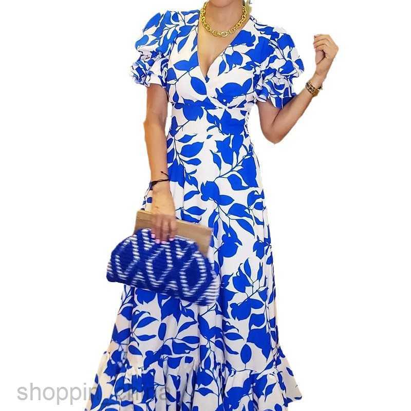 Basic Casual Dresses Women New Women's Fashion Elegant Print V-neck Lace up Short Sleeve Slim Fit Dress 661