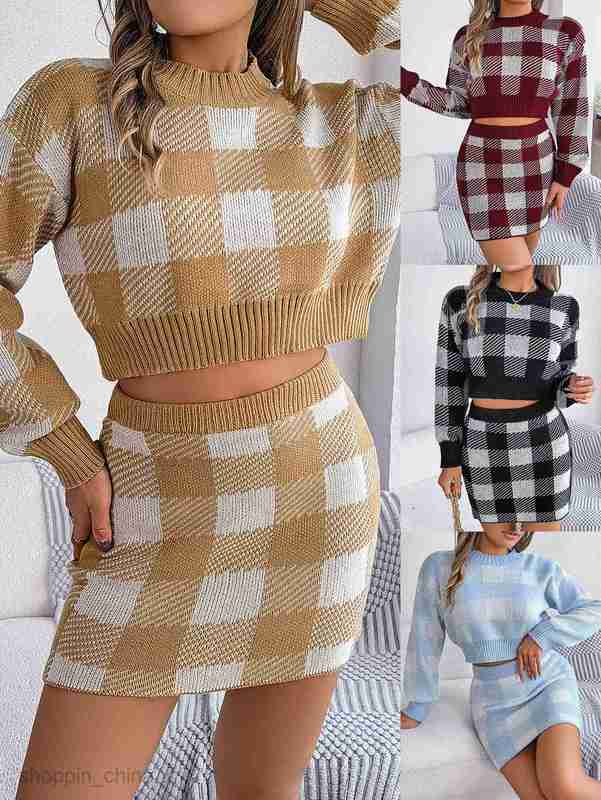 women Two Piece Dress Sets Autumn and winter casual contrasting plaid long sleeved exposed navel sweater with buttocks wrapped skirt set for women