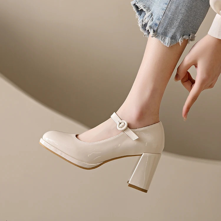 red Thick Heels Mary Jane Shoes Women Buckle Strap Square Toe Pumps Woman Med Heele pu Leather Shoes Female 240627