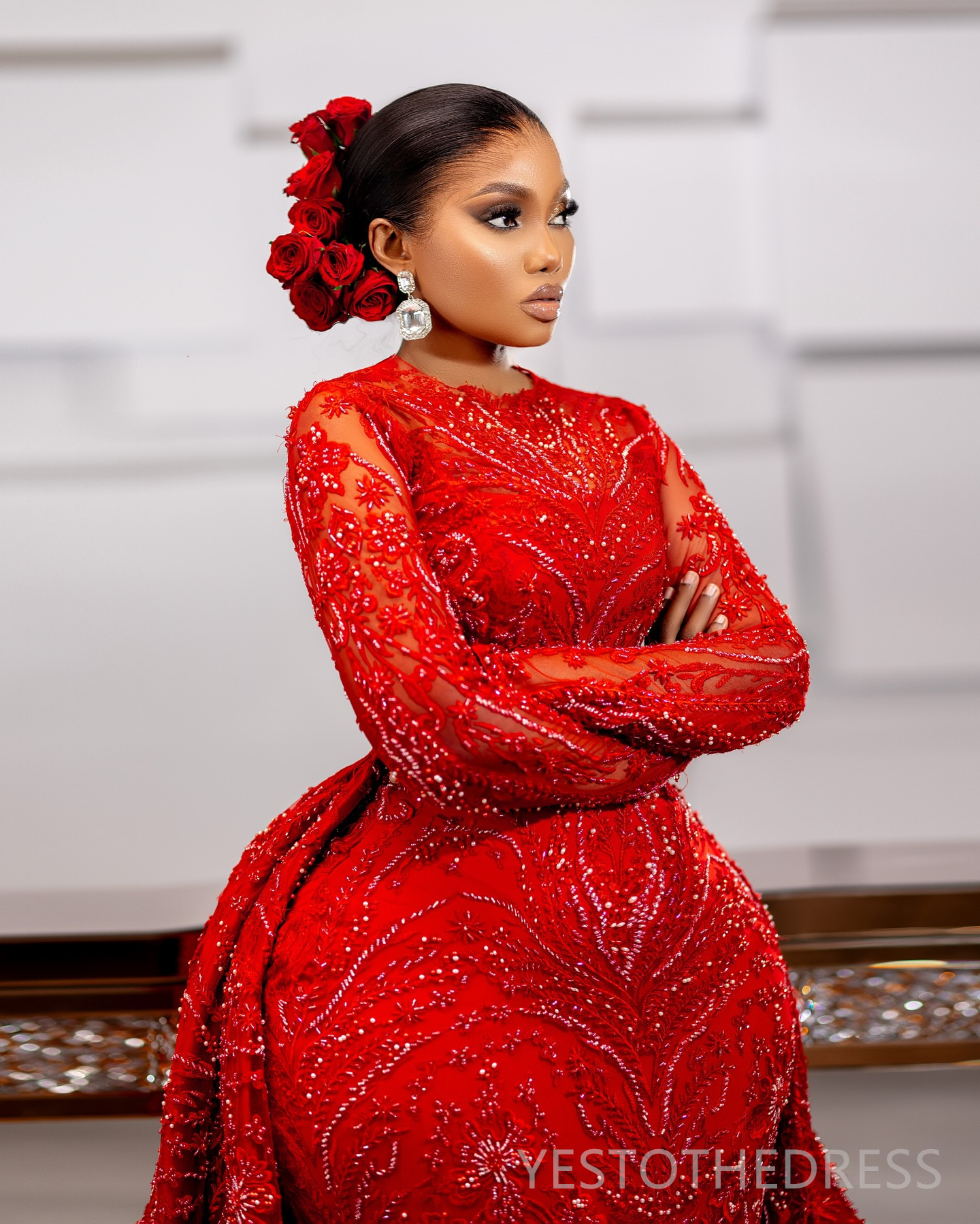 2024 Plus Size Red Prom Dress With Detachable Train Mermaid Promdress Illusion Long Sleeves Jewel Beaded Lace Birthday Dress Second Reception Gowns Ga